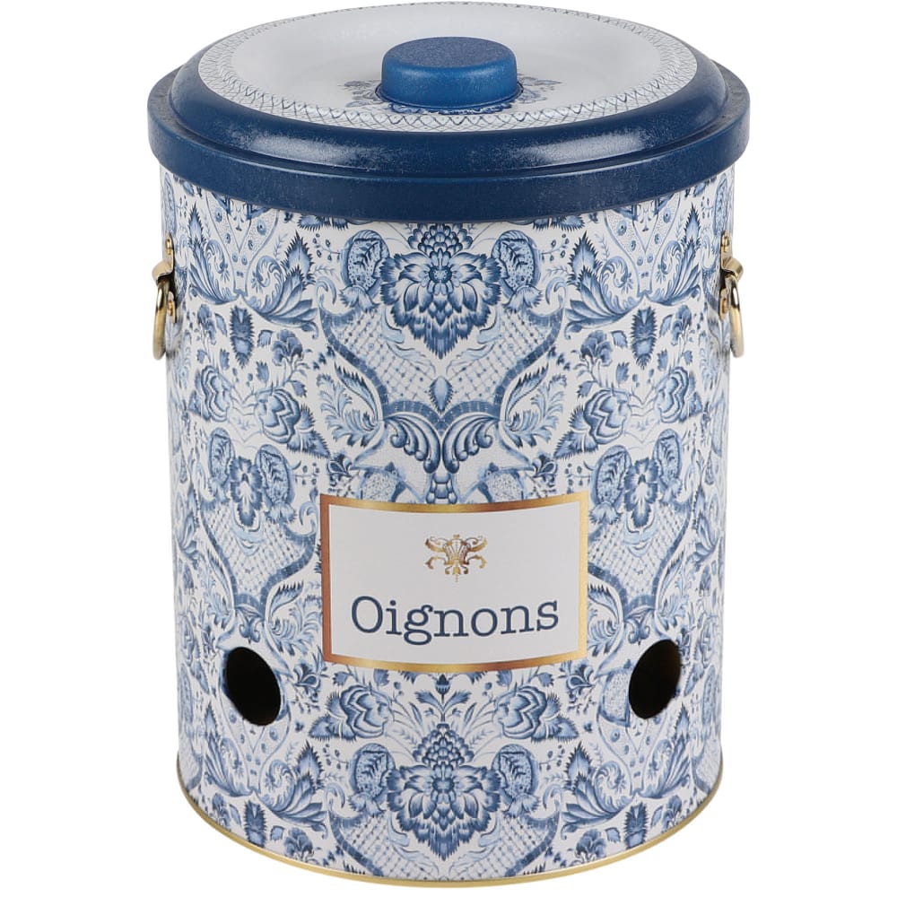 WADIGA Boîte à oignons en métal.Dimensions: diamètre 17cm x Hauteur 22cmCouleur: Bleu, blanc, doréMatière: Métal