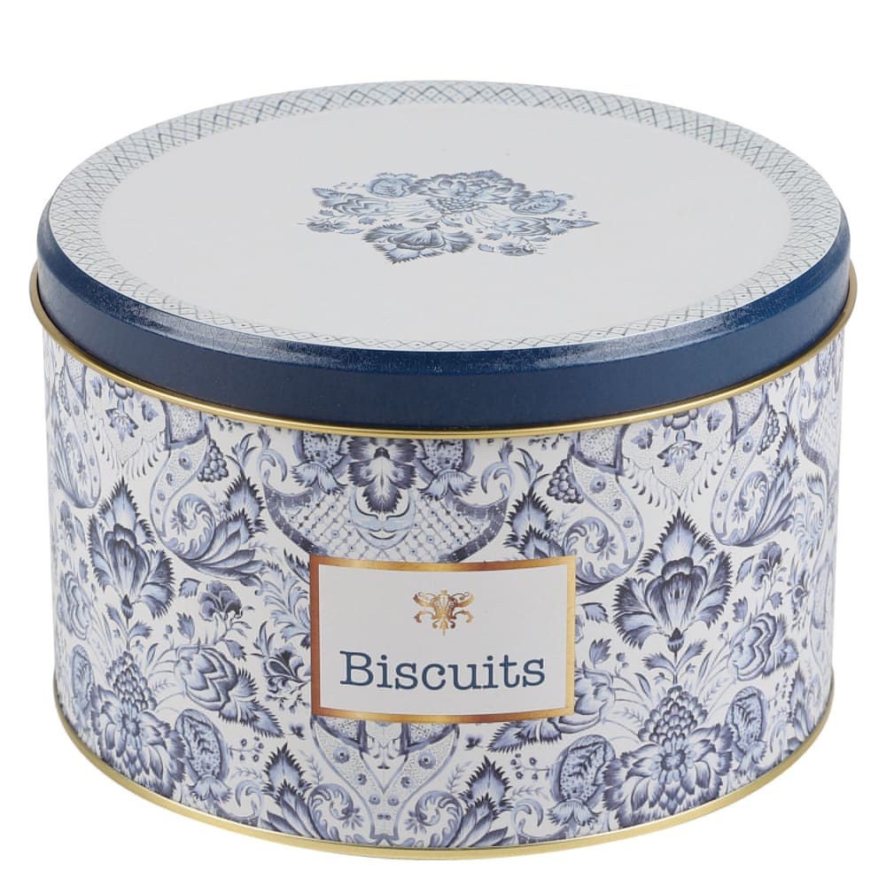 Boîte à biscuits en métal bleu, blanc et doré