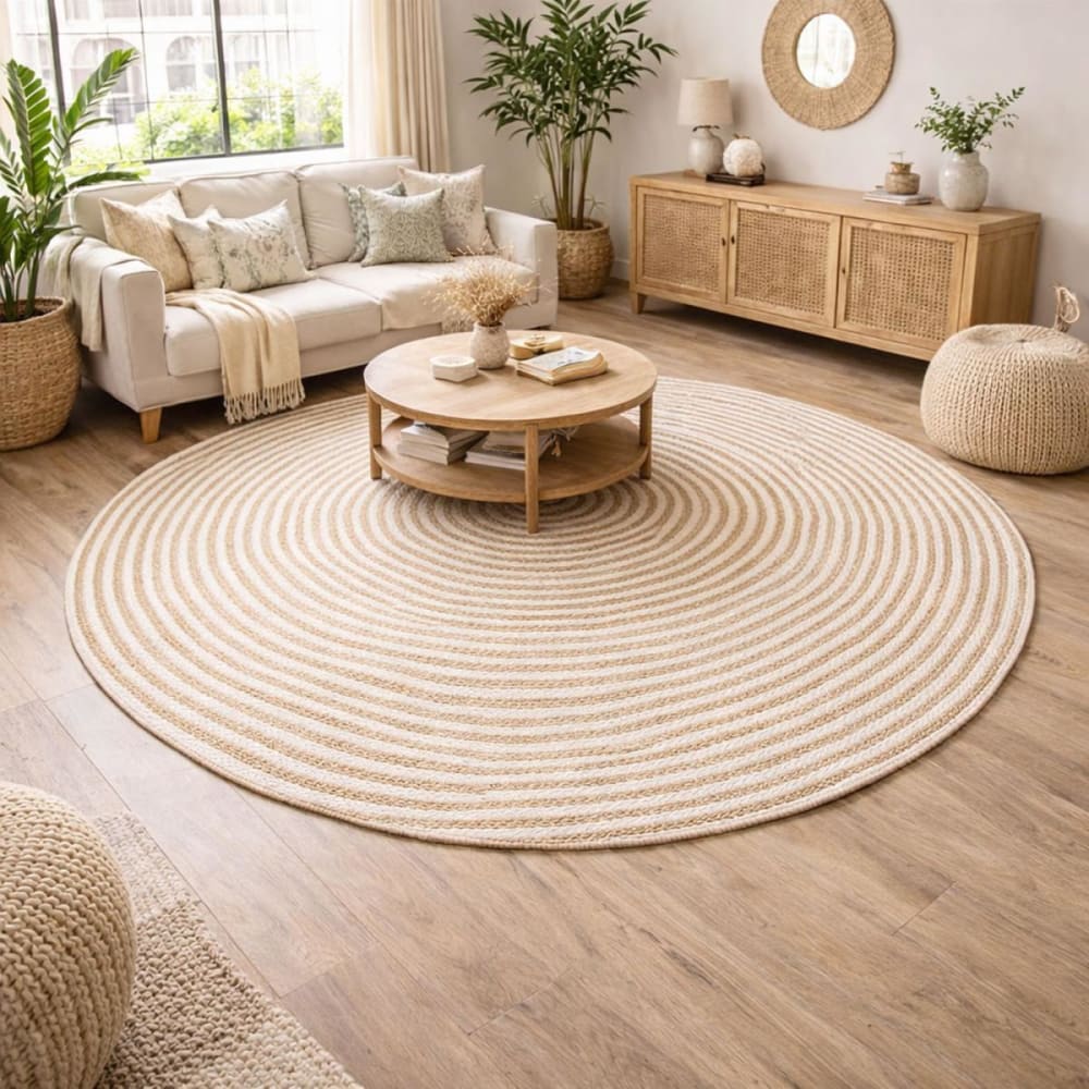 Tapis rond tissé main en jute idéal pour un salon, blanc ø150cm - Maisons du Monde