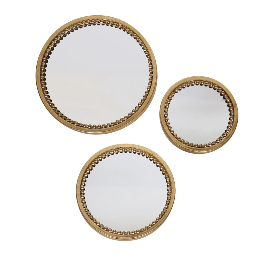 Lot de 3 miroirs ronds perles en métal doré 18, 23 et 28cm