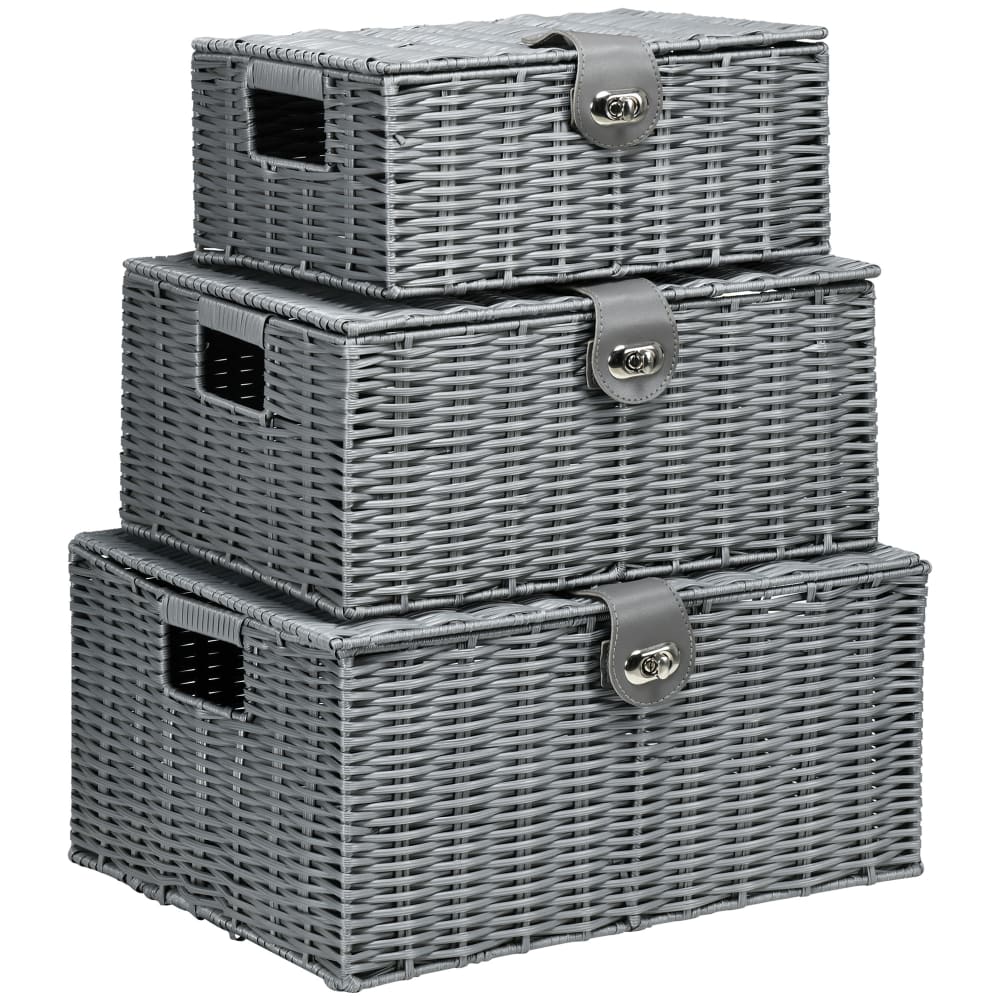 Set 3 cestini in vimini pp con coperchio di diverse dimensioni - Grigio - PVC - Cloruro di polivinile