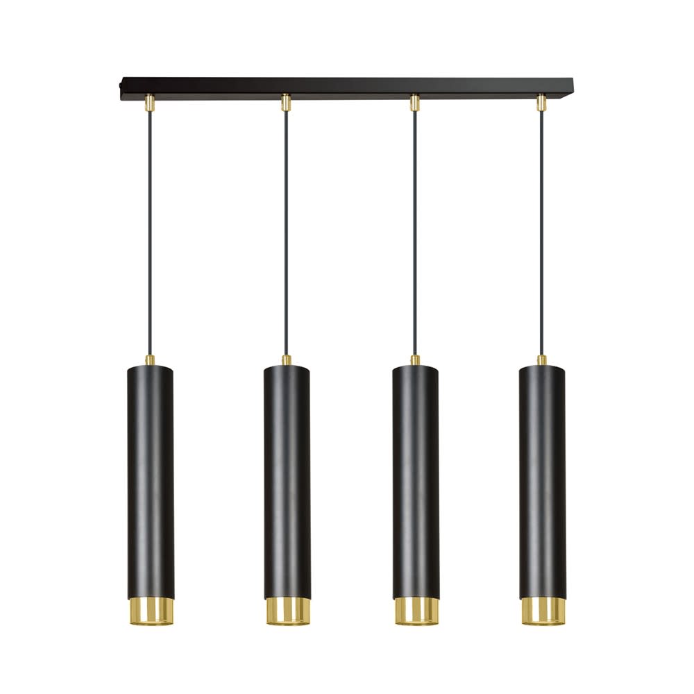 Suspension élégante à 4 lumières cylindriques noires et dorées