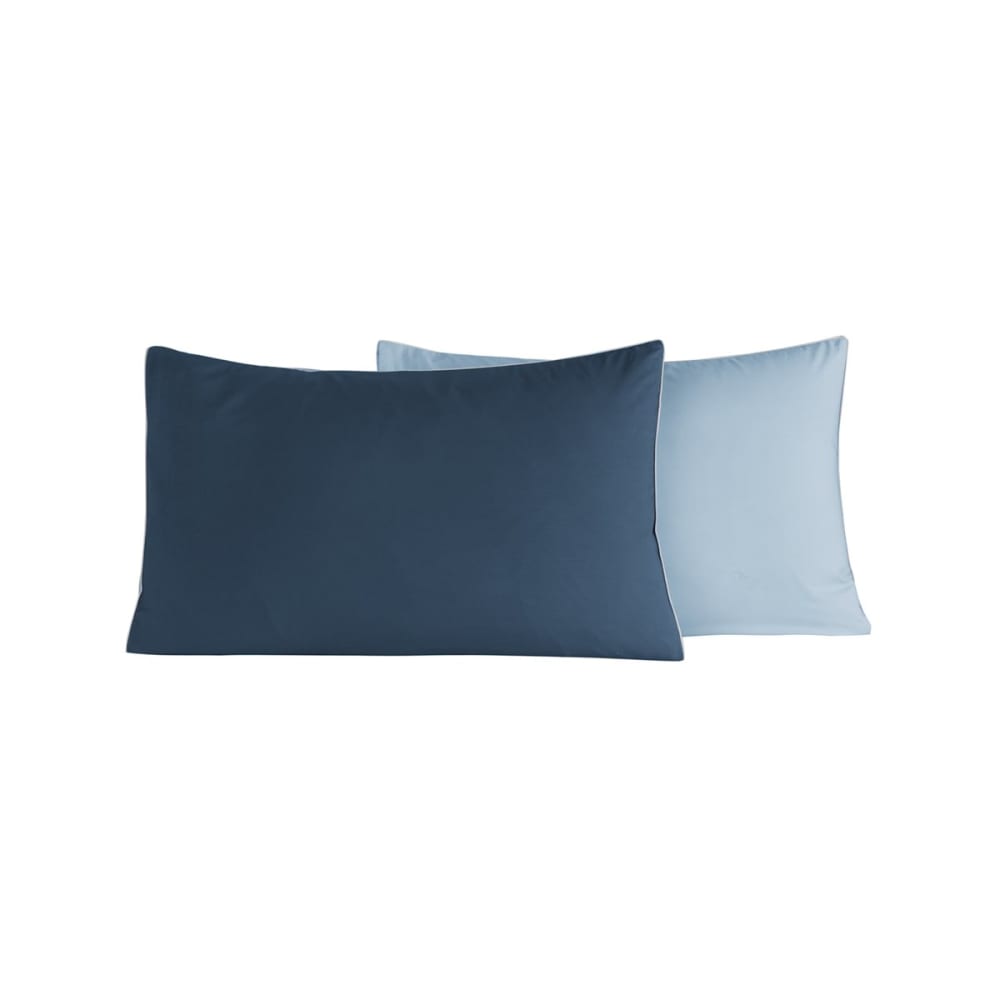 2 taies d'oreiller bicolores en percale Indigo/Nuage 50x70 cm