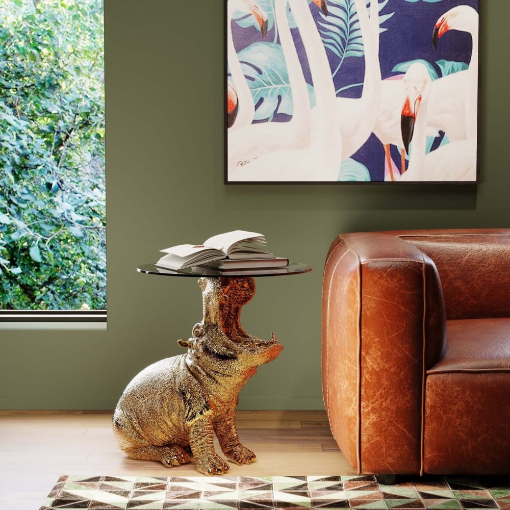 Table d'appoint hippopotame en polyrésine dorée et verre D48