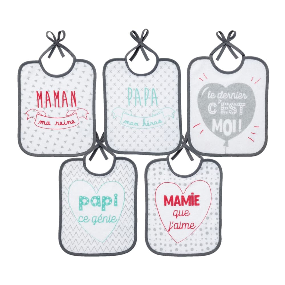 BabyCalin 5 bavoirs à lacets bébé 0 mois en coton multicolore 20x25 cm Gris Coton - 25x1x20cm