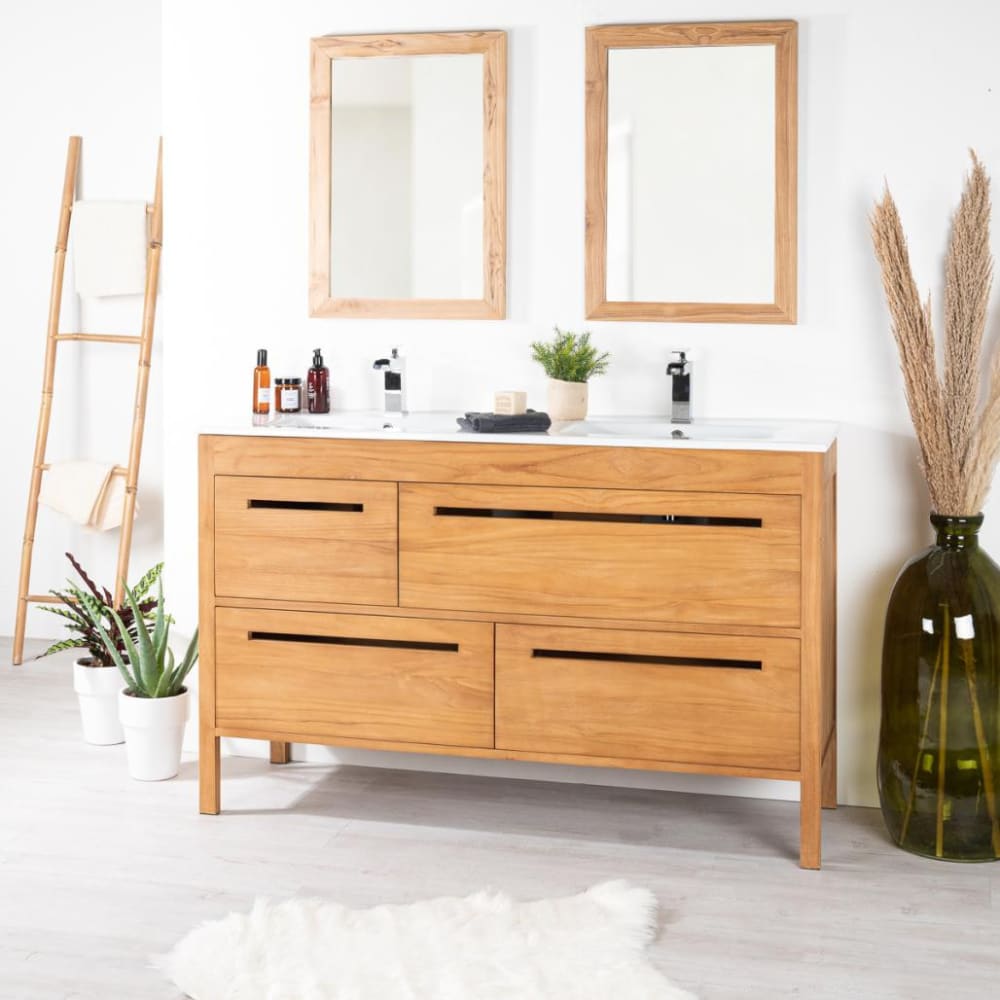 Meuble salle de bain en teck massif et céramique l 140 cm - Maisons du Monde