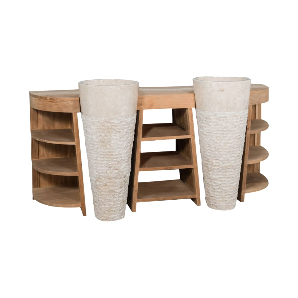 Meuble de salle de bain en teck double 180cm + vasques crème