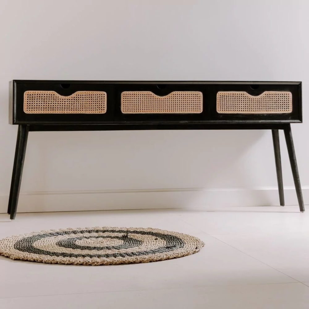 POLKA - Console noire en bois de manguier et cannage 80x180x35 - Maisons du Monde