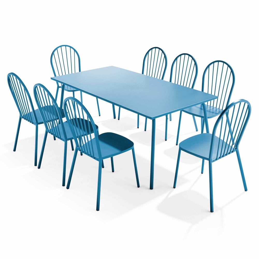 Ensemble table de jardin et 8 chaises bistrot en acier bleu pacific