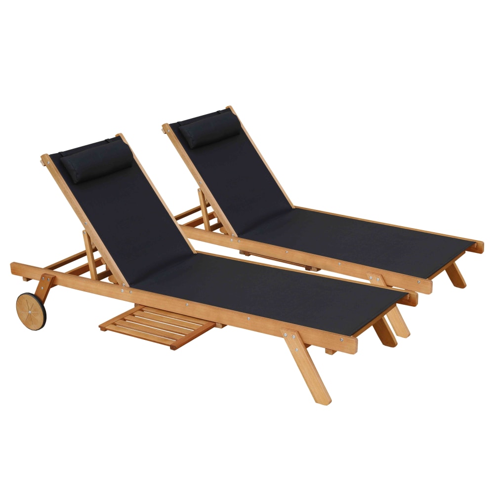 Lot de 2 bains de soleil avec coussin et tablette en bois noir