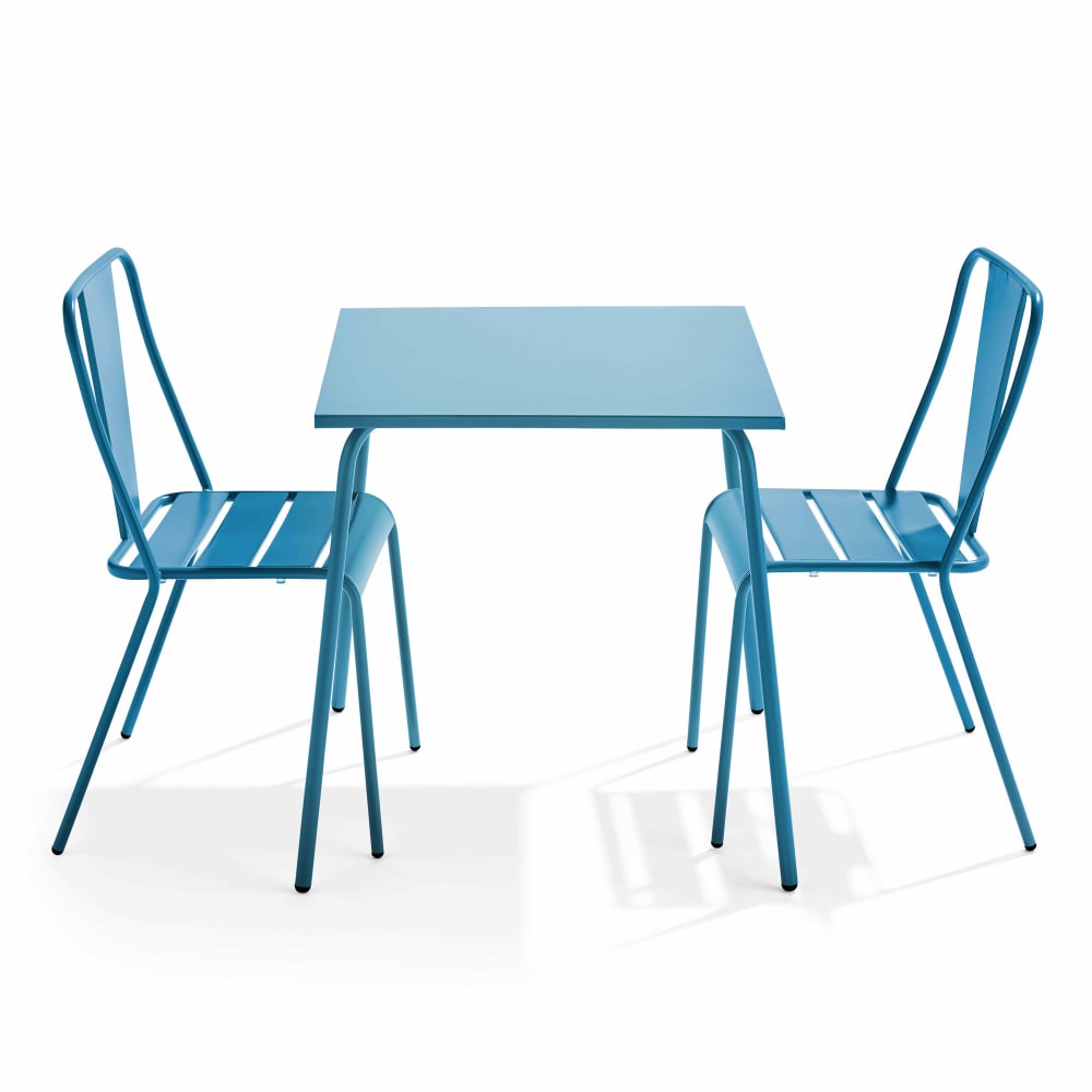 Ensemble table de jardin carrée et 2 chaises bistrot bleu pacific
