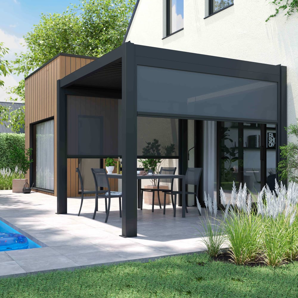 Pergola bioclimatique autoportée 3x3m et 2 stores 2,66 x 2,34 m - Maisons du Monde