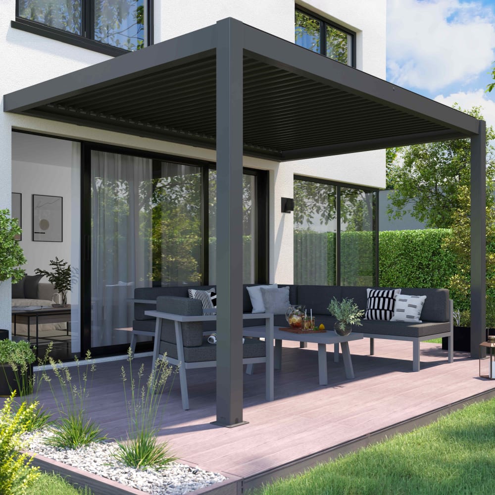 Pergola bioclimatique adossée et motorisée 3 x 4 x 2,5m gris