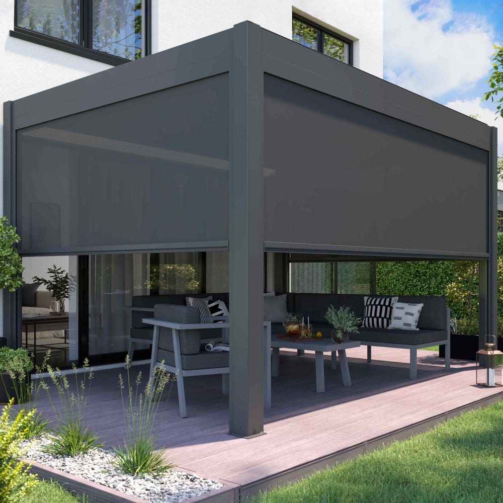 Pergola bioclimatique autoportée motorisée éclairée 3x4m et 2 stores - Maisons du Monde