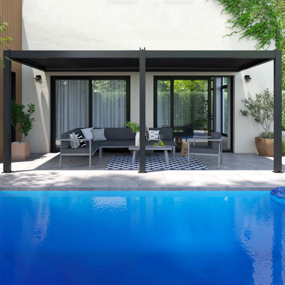 Pergola bioclimatique adossée 3x6m et 4 stores 2,66 x 2,34m - Maisons du Monde