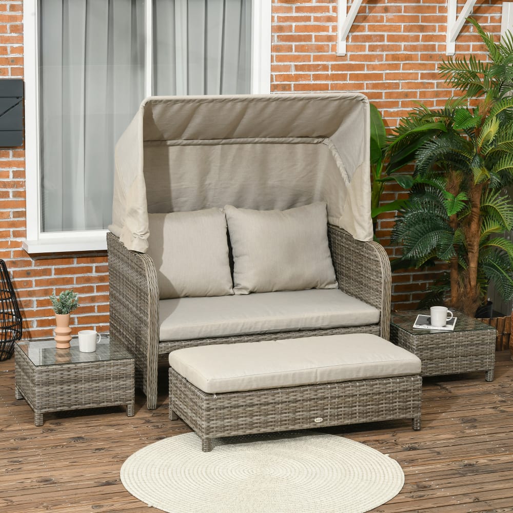 Salon de jardin 2 places 4 pièces avec coussins kaki résine grise - Maisons du Monde