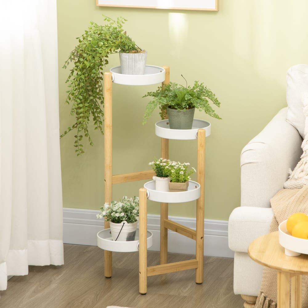Support à fleurs style scandinave 4 niv. Bois bambou métal blanc - Maisons du Monde