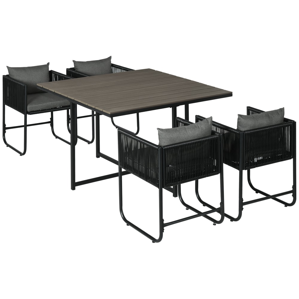 Salon de jardin encastrable 4 personnes 5 pièces et coussins noir gris