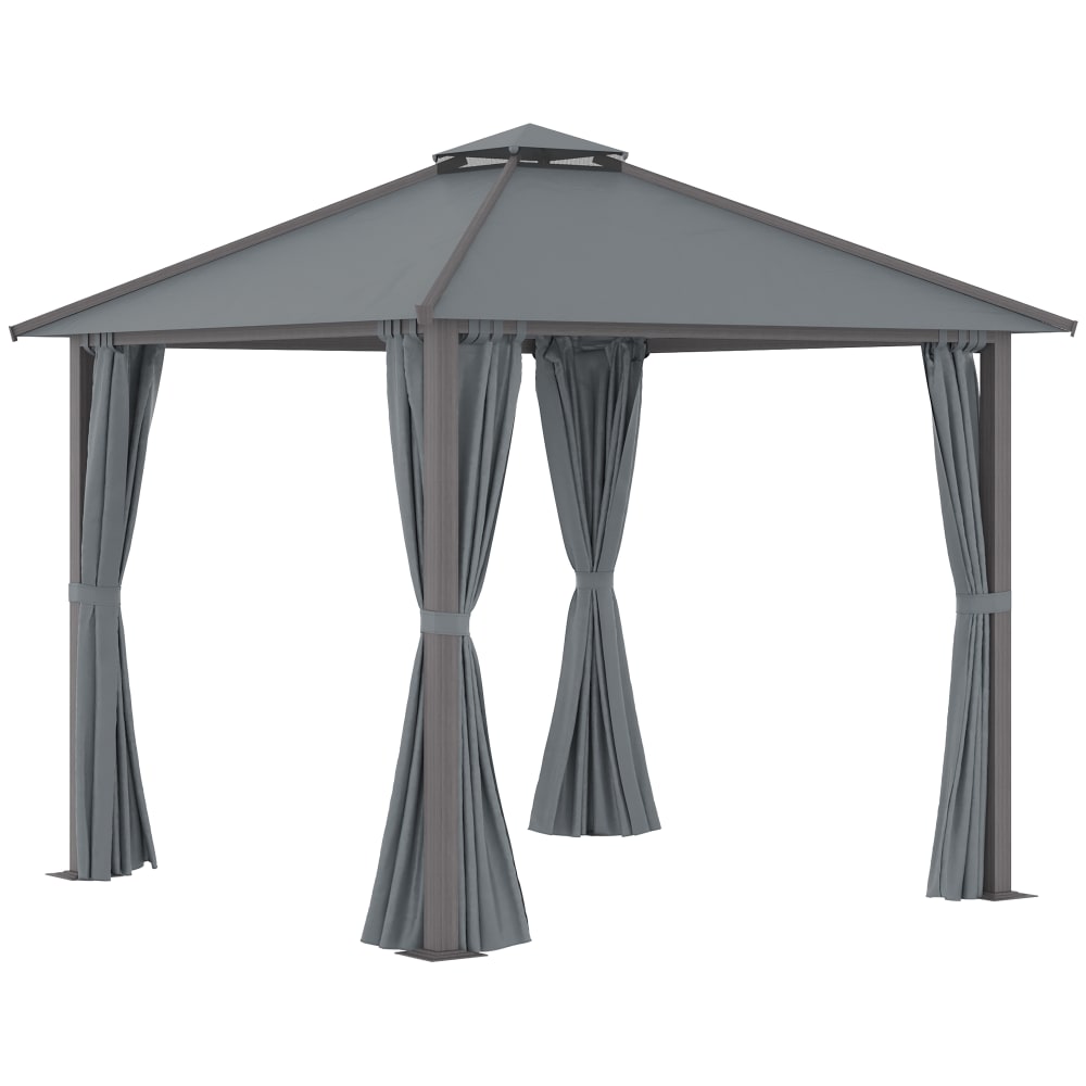Pavillon de jardin - dim. 2,96L x 2,96l m - rideaux - aluminium gris