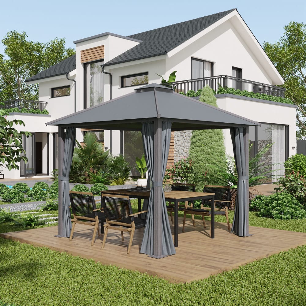 Pavillon de jardin - dim. 2,96l x 2,96l m - rideaux - aluminium gris - Maisons du Monde
