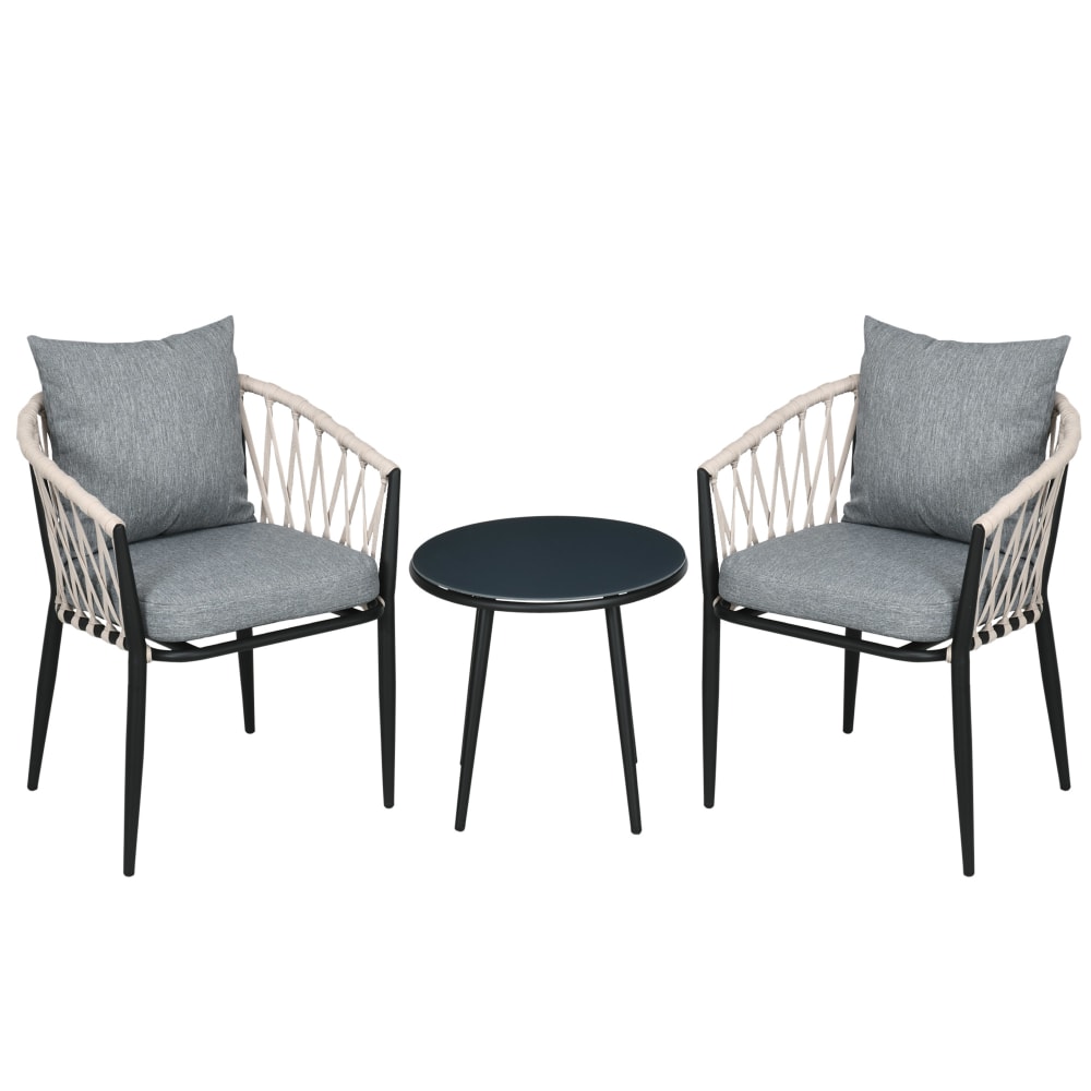 Salon de jardin 2 personnes 3 pièces corde tressée métal gris