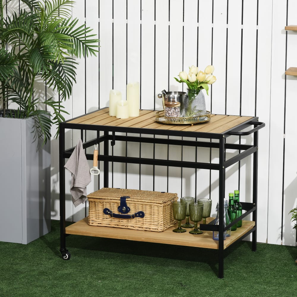 Desserte de jardin chariot pour plancha barbecue bois métal
