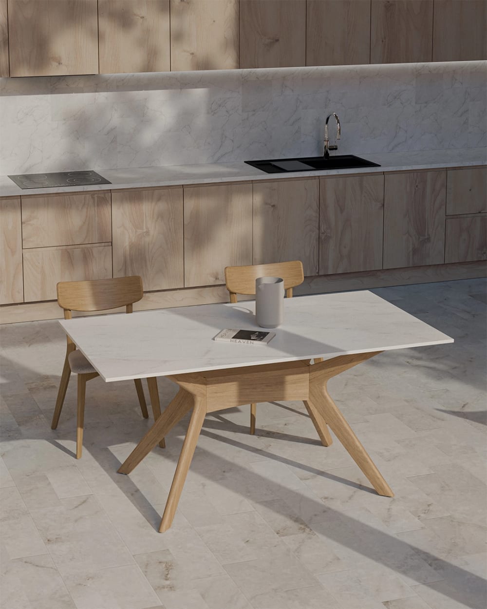 Mesa de comedor 140 tapa porcelanico blanco y patas roble - Maisons du Monde
