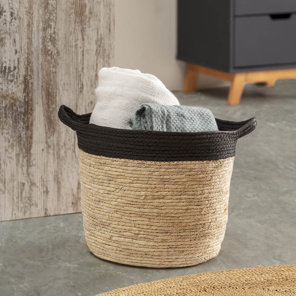 Set de 3 cestas de fibra natural y papel, negro/beige con asas - Maisons du Monde