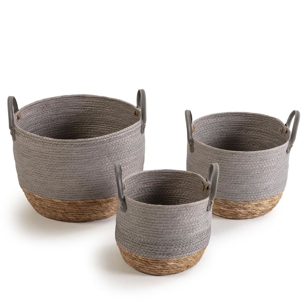 Set de 3 paniers fibre naturelle et papier, gris/naturel