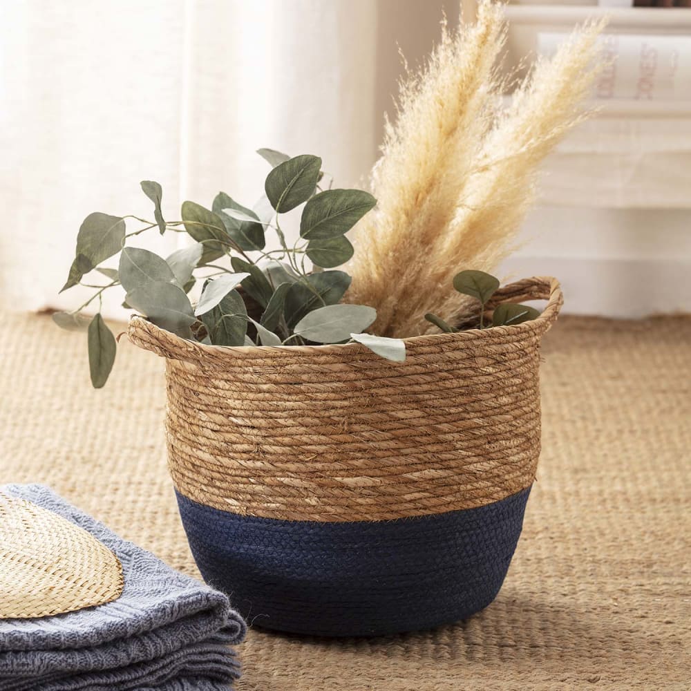 Set de 3 cestas de fibra natural con asas, azul/natural - Maisons du Monde