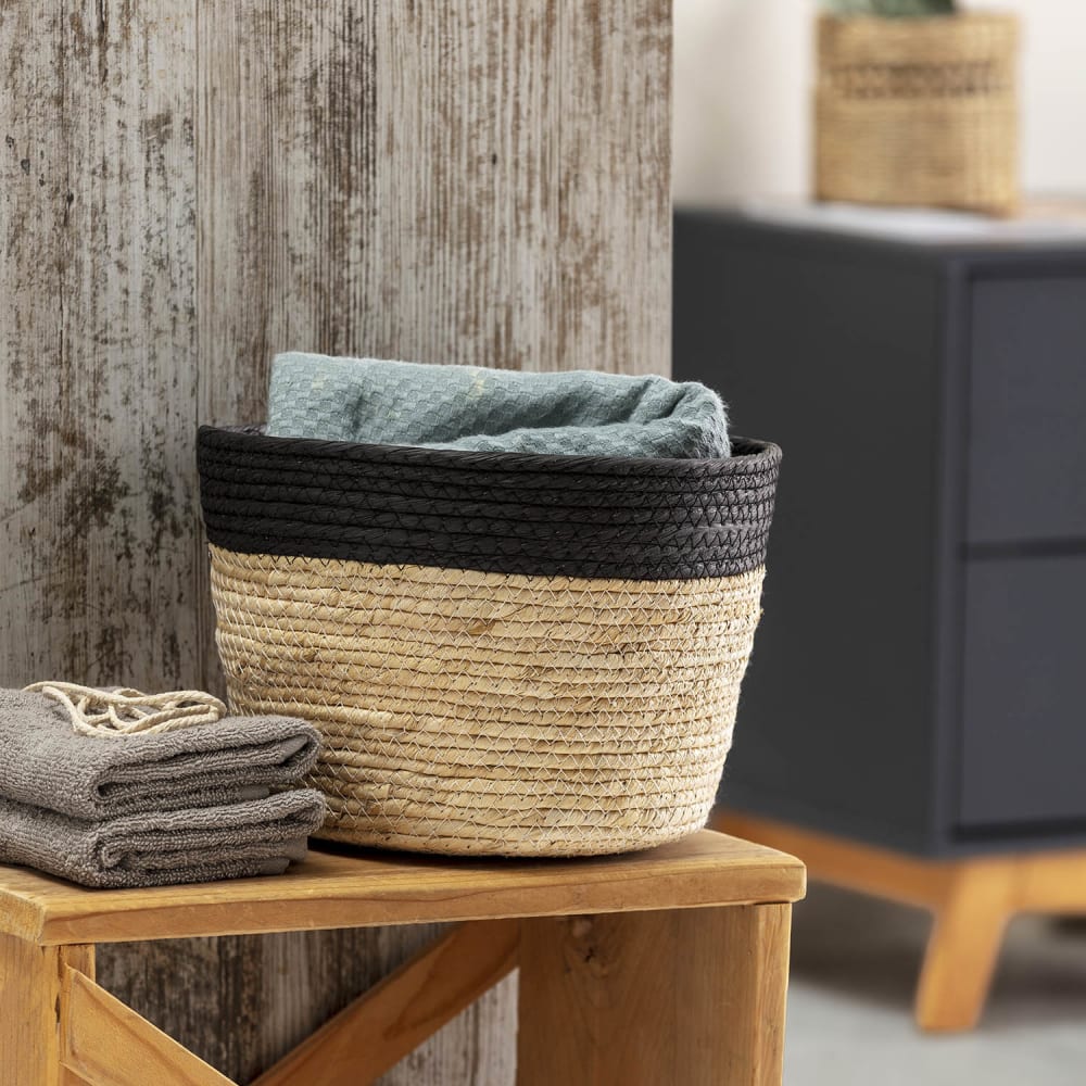 Set de 3 paniers fibre naturelle et papier, noir/beige — vue 3