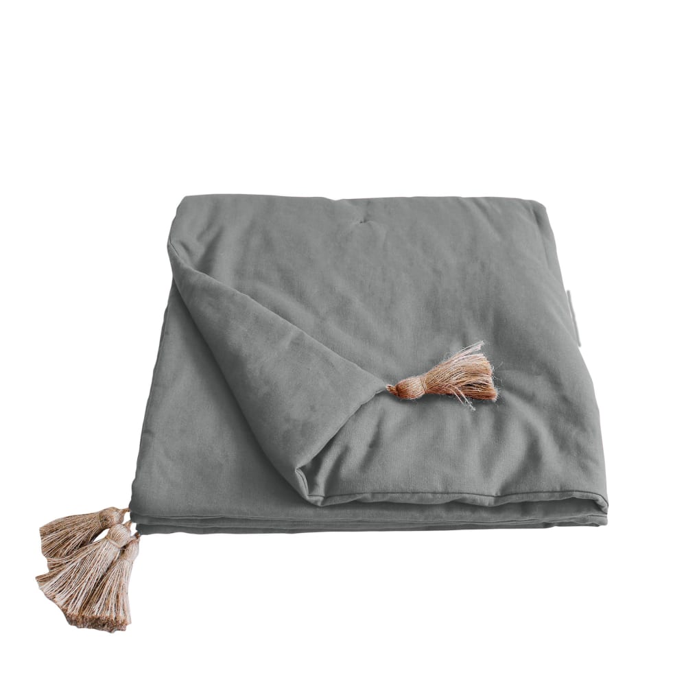 Edredon panama avec pompons en jute coton gris clair 90x190 cm