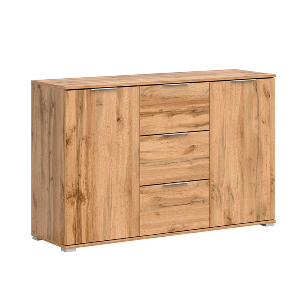 Petits meubles Buffet 2 portes 3 tiroirs panneaux agglomérés stratifiés marron Marron Panneau De Particules - 135x86x41cm