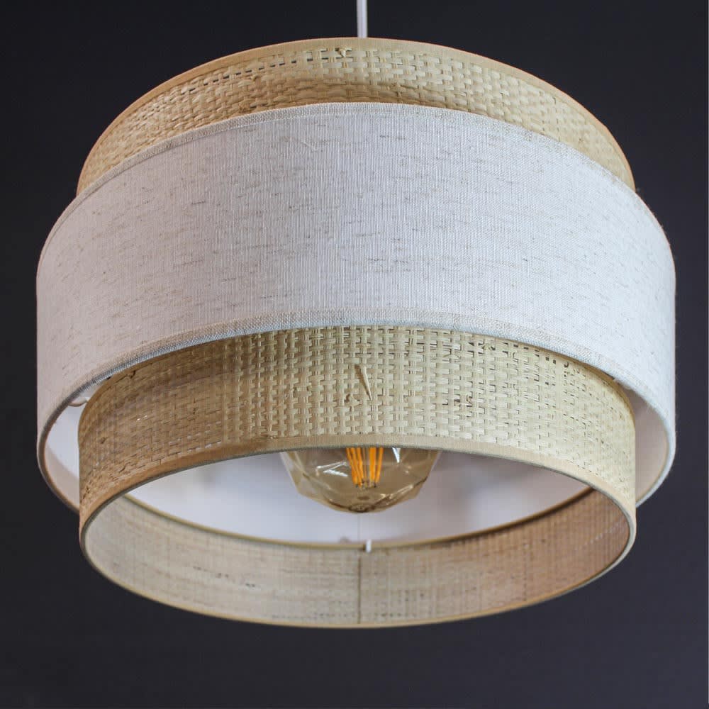 Lampada a sospensione in lino screziato marrone e rattan naturale