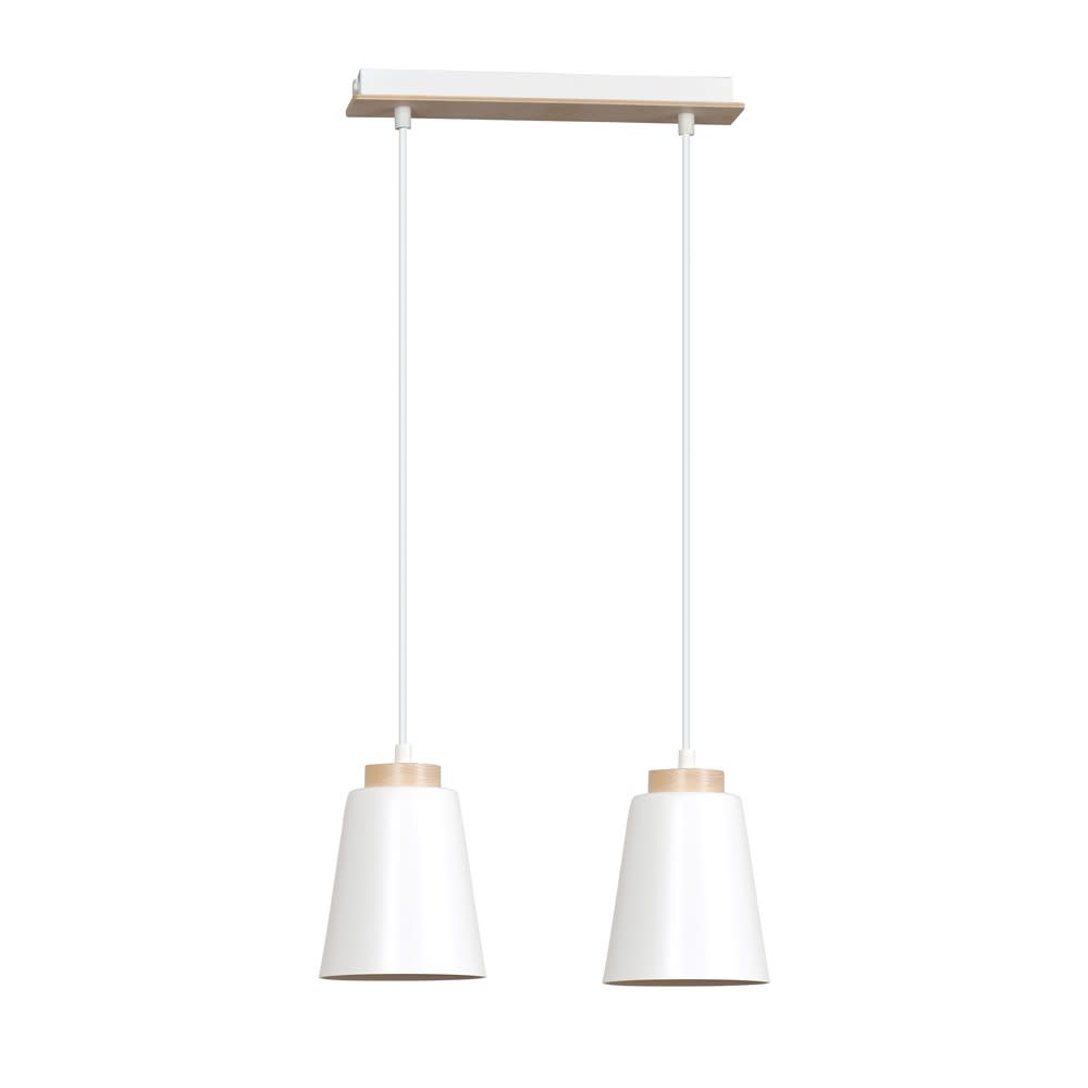 Regleta de techo 2 luces con pantallas blancas y detalles en madera