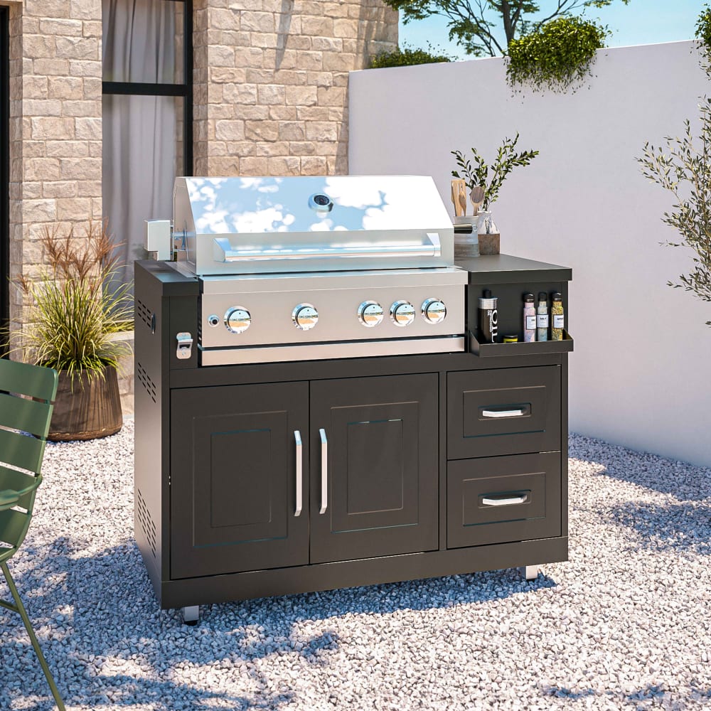 Meuble barbecue gaz 4 brûleurs et rôtissoire pour cuisine extérieure