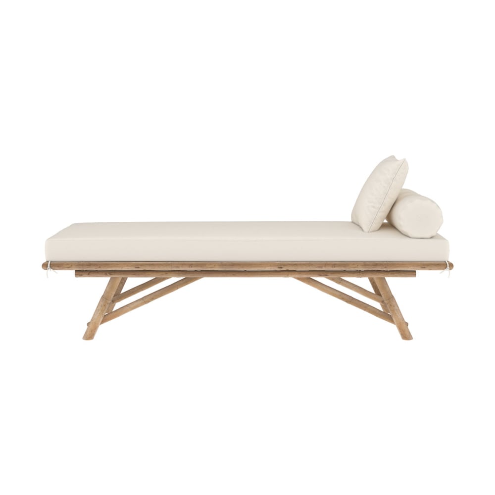 Banquette de jardin en bambou avec matelas blanc