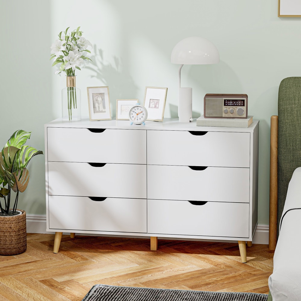 Commode 6 tiroirs design scandinave bois pin panneaux blanc