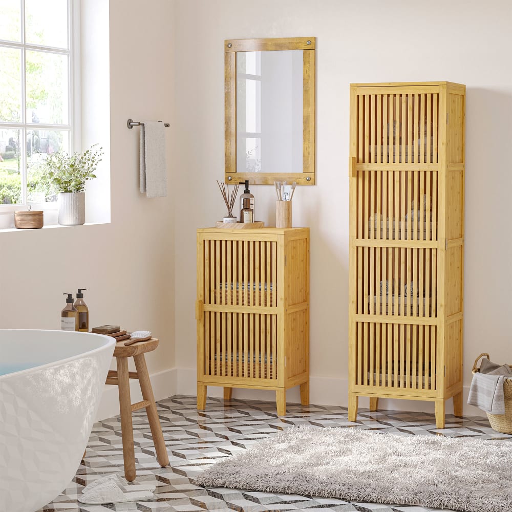 Buffet porte 4 niveaux 3 étagères façade à lattes bois de bambou verni - Maisons du Monde
