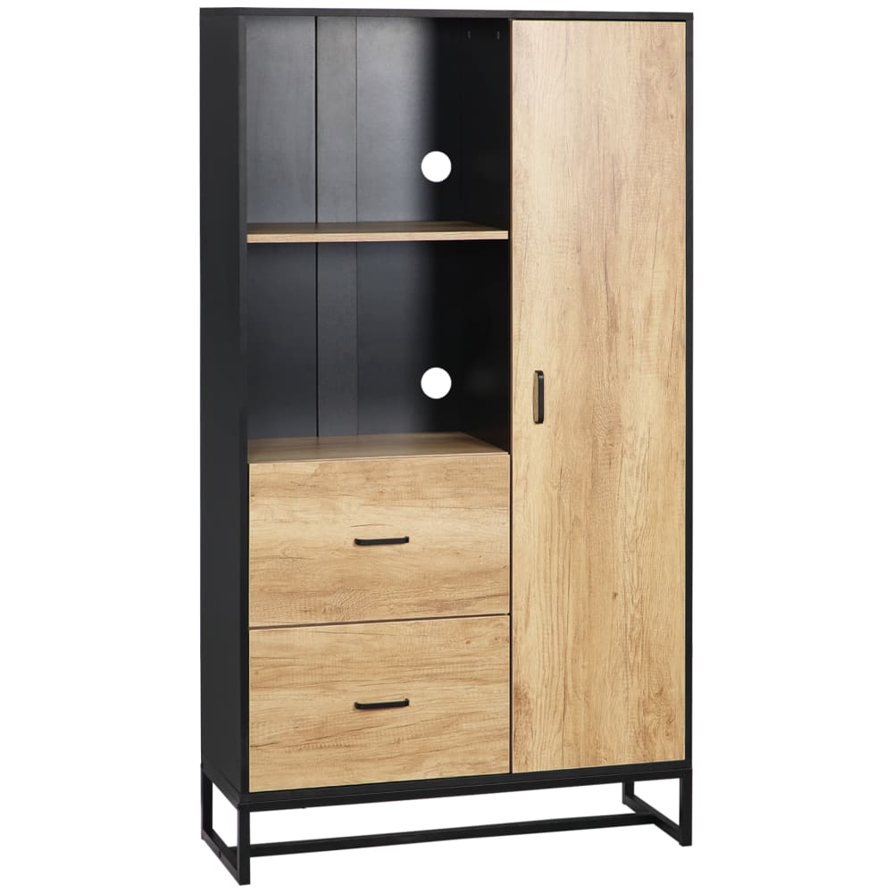 Buffet haut porte 3 étagères 2 tiroirs 2 niches acier noir bois clair