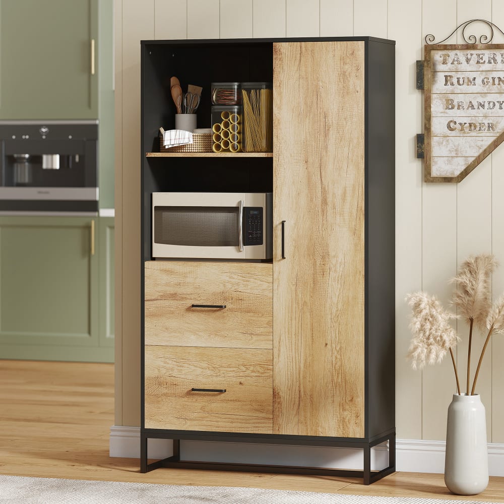 Buffet haut porte 3 étagères 2 tiroirs 2 niches acier noir bois clair - Maisons du Monde