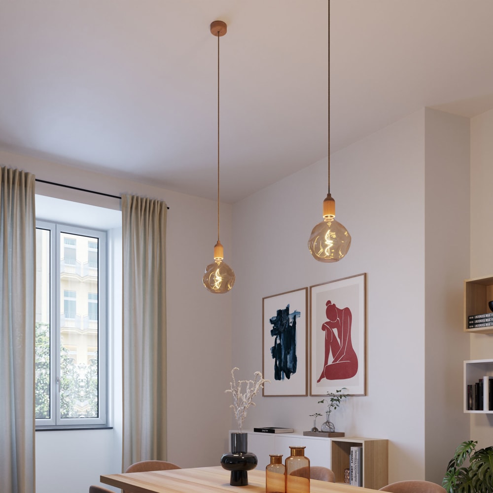 Pendelleuchte komplett mit Textilkabel und Komponenten aus Holz -
