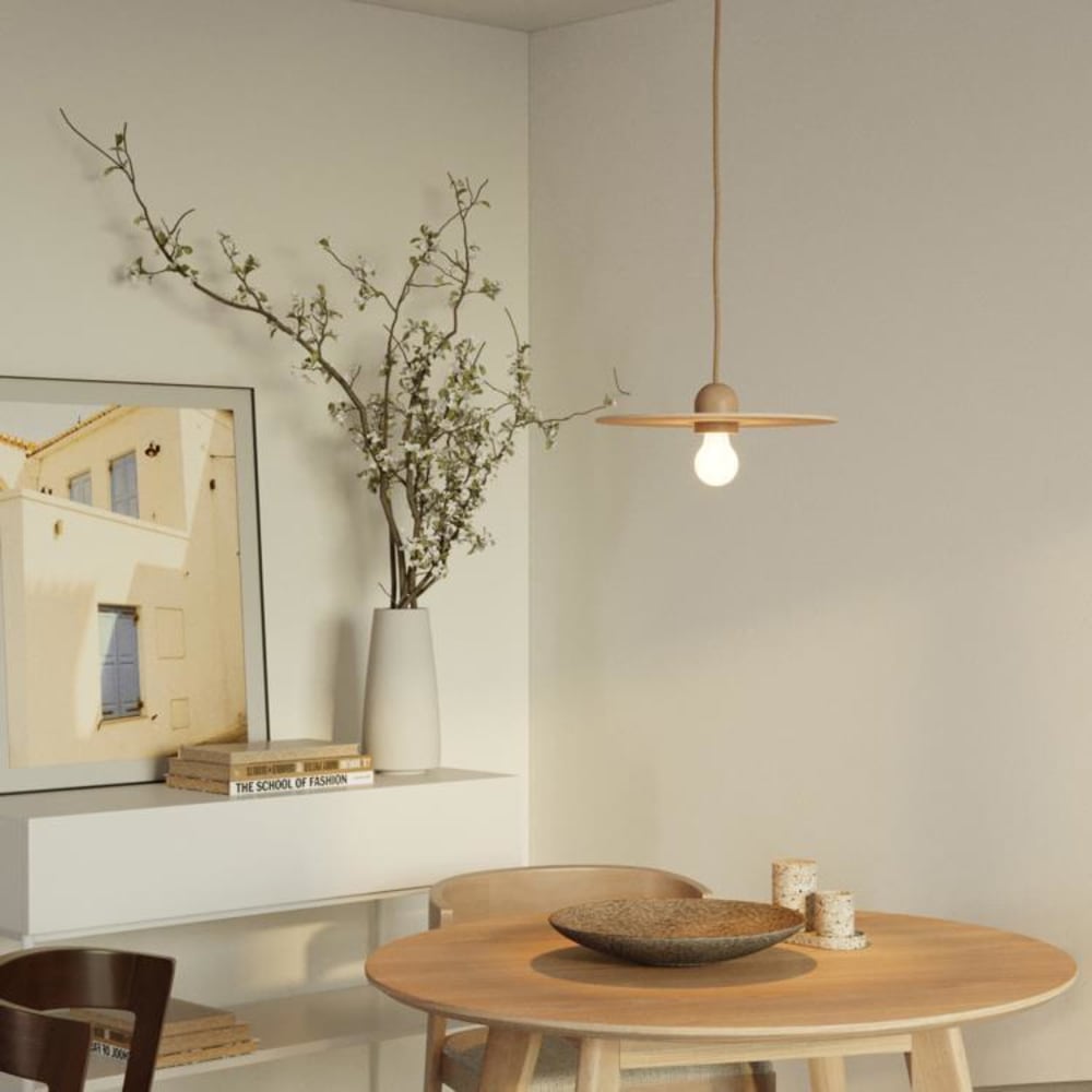 Lampada a sospensione in legno completa di cavo tessile e