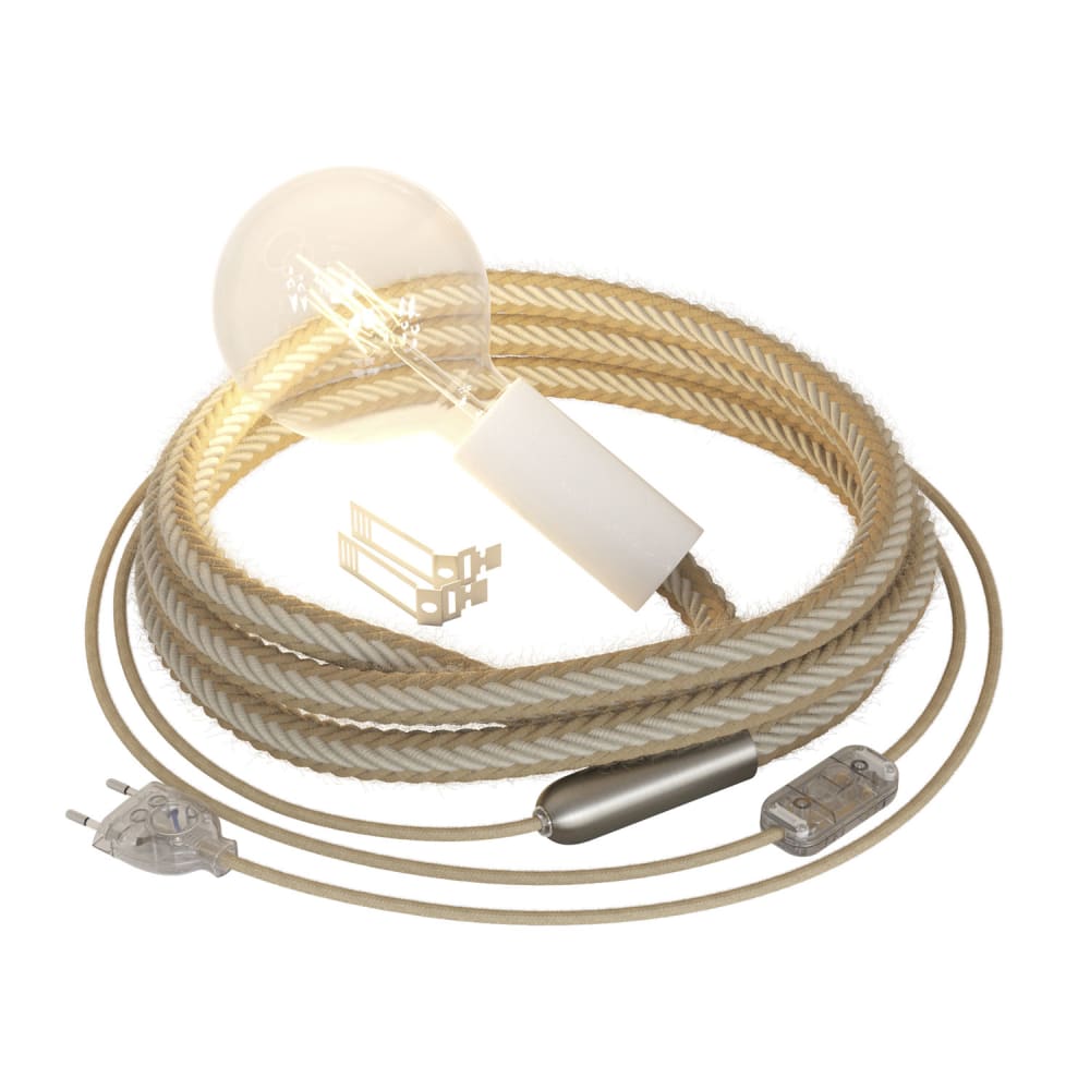 Lampada plug-in con cordone trecciato in juta e dettagli chiari - Bianco - LEGNO