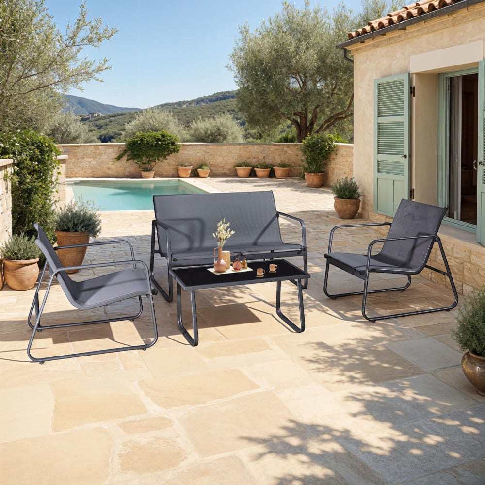 Salon de jardin en métal et textilène 4 places + table basse