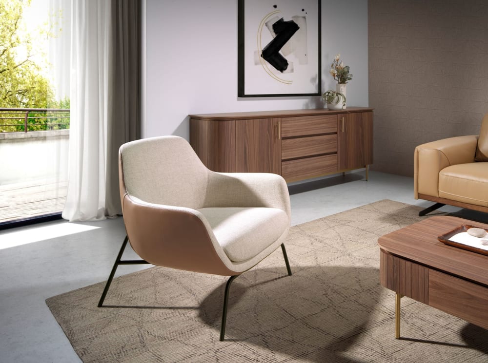 Poltrona in tessuto crema ed ecopelle marrone - Modello Contemporaneo - Tessuto