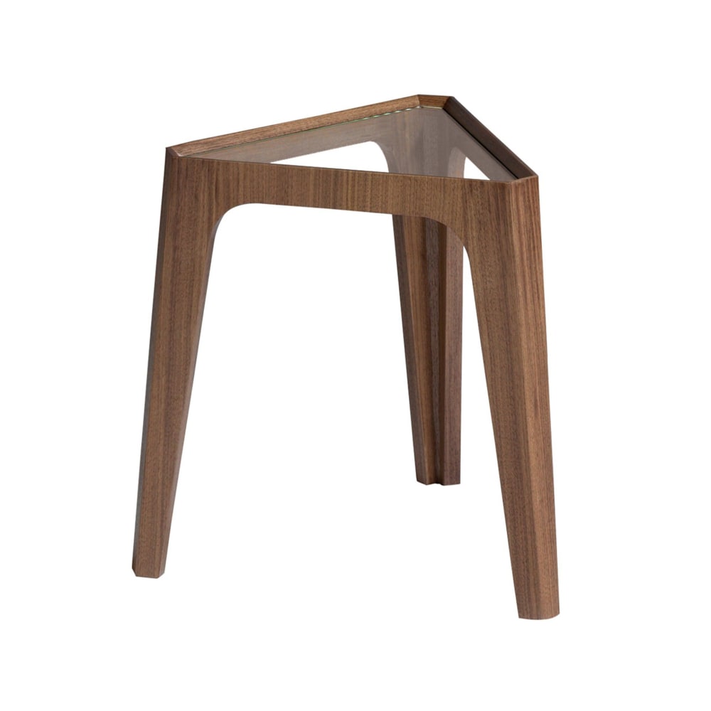 Table d'angle triangulaire en verre trempé et noyer