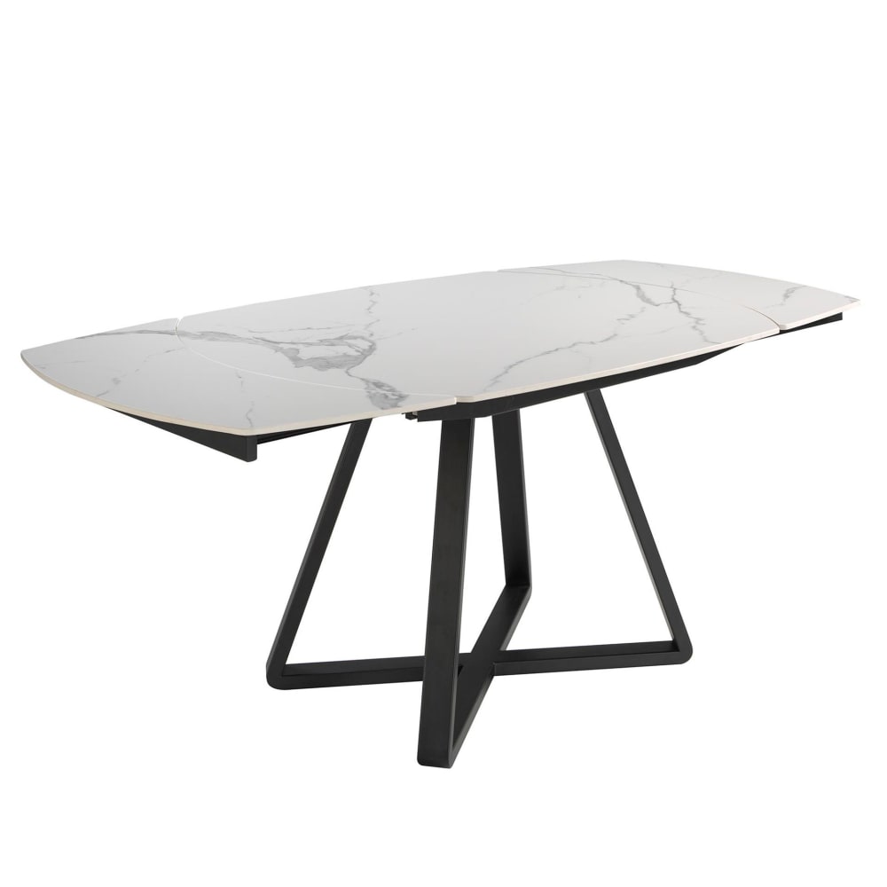 Table à manger à rallonge baril ovale marbre porcelaine et acier noir