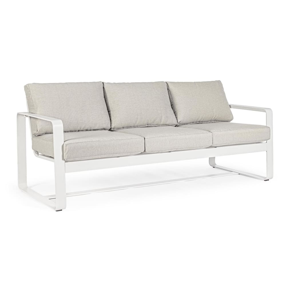 Canapé de jardin 3 places en métal et coussins tissu blanc