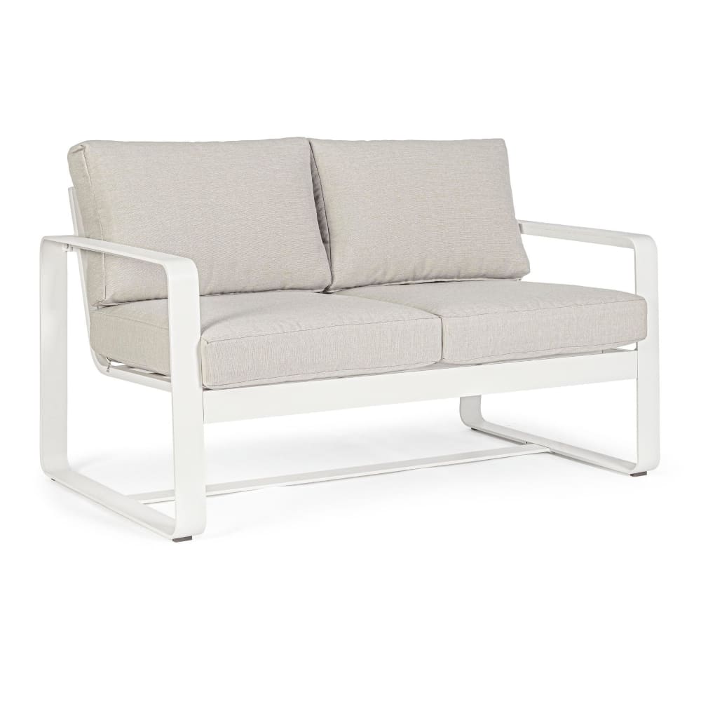 Canapé de jardin 2 places en métal et coussins tissu blanc